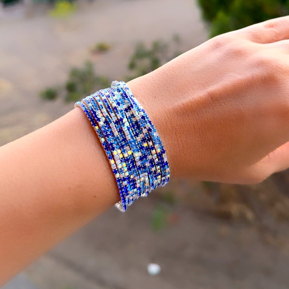 Rhinestone Crystal 12 PCS Layered Stretch Bracelets (Royal Blue)
